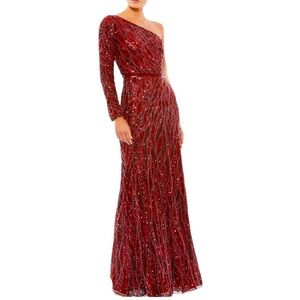 NWT Mac Duggal 4982D Embellished One Sleeve Gown w/ Sequin Belt Burgundy Size 4